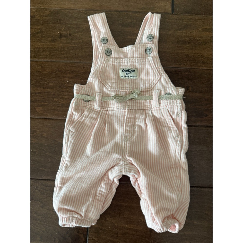 OshKosh B'gosh Baby 3mo Pink & White Stripe Overalls Silver Belt Bow